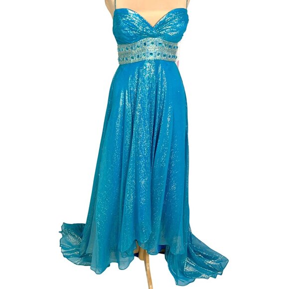 Dazzling Metallic Blue Silk Gown Flowy Prom 0 Hoco Glam Pageant Jeweled Hi-Low - Picture 2 of 11